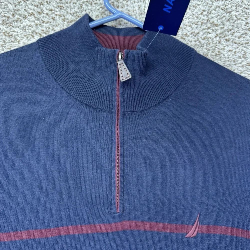 Nautica NavTech Sweater Men's Large Blue Red Stripes Quarter Zip Pullover New - Picture 3 of 13